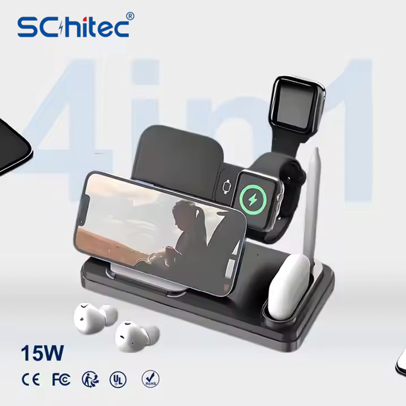 How does a 4-in-1 wireless charger efficiently charge multiple devices at the same time?
